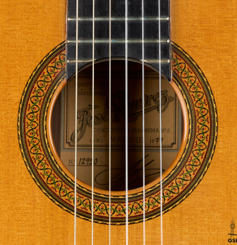 The rosette of a 1979 Jose Ramirez "1a" classical guitar made of cedar and Indian rosewood