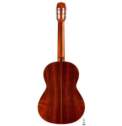 The back of a 1975 Jose Ramirez "1a" classical guitar made of cedar and Indian rosewood