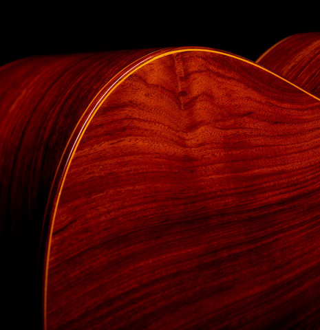 The back and sides of a 1975 Jose Ramirez "1a" classical guitar made of cedar and Indian rosewood