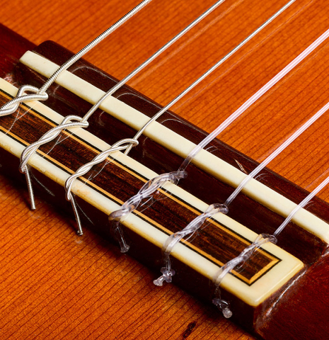 The bridge, tie-block and saddle of a 1975 Jose Ramirez "1a" classical guitar made of cedar and Indian rosewood