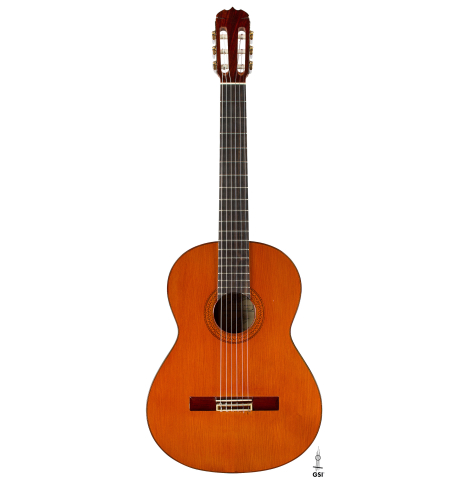 The front of a 1975 Jose Ramirez "1a" classical guitar made of cedar and Indian rosewood