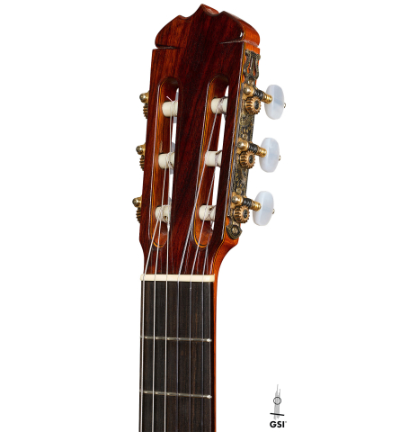 The headstock of a 1975 Jose Ramirez "1a" classical guitar made of cedar and Indian rosewood