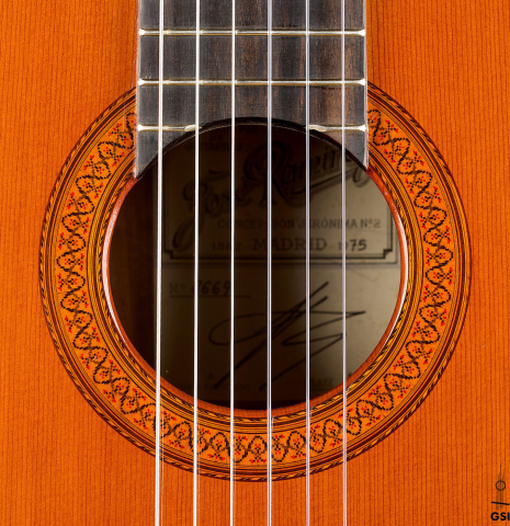 The rosette of a 1975 Jose Ramirez "1a" classical guitar made of cedar and Indian rosewood