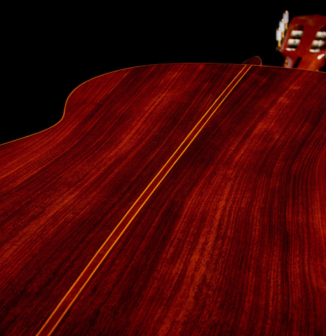 The back center seam of a 1975 Jose Ramirez "1a" classical guitar made of cedar and Indian rosewood