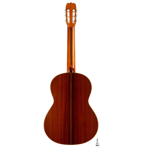 The back of a 1977 Jose Ramirez "1a" classical guitar made of cedar and Indian rosewood