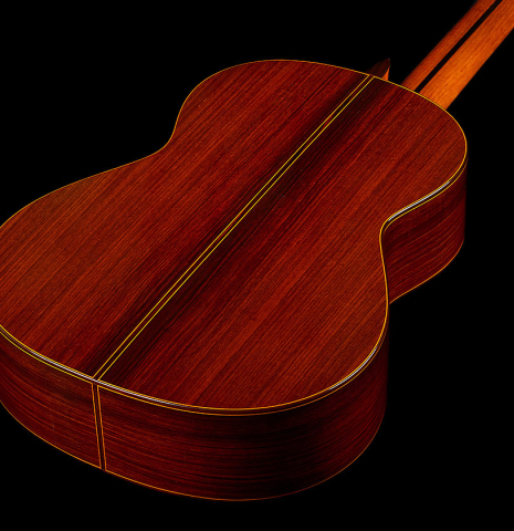 The back and sides of a 1977 Jose Ramirez "1a" classical guitar made of cedar and Indian rosewood