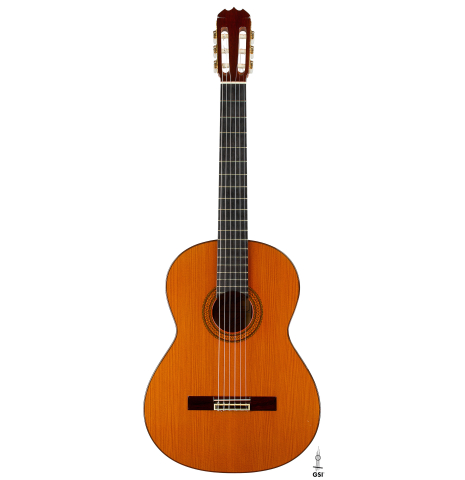 The front of a 1977 Jose Ramirez "1a" classical guitar made of cedar and Indian rosewood