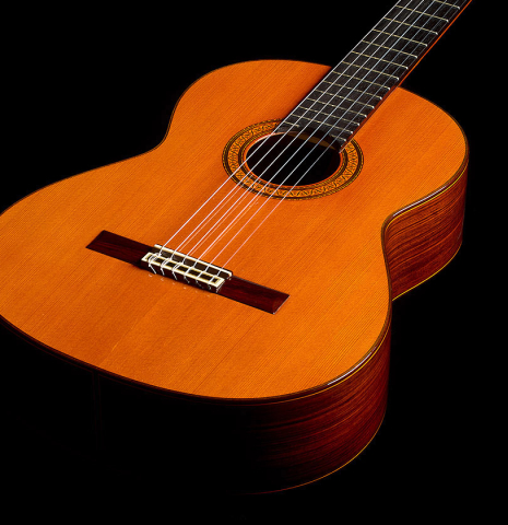 The soundboard and sides of a 1977 Jose Ramirez "1a" classical guitar made of cedar and Indian rosewood