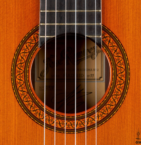 The rosette of a 1977 Jose Ramirez "1a" classical guitar made of cedar and Indian rosewood