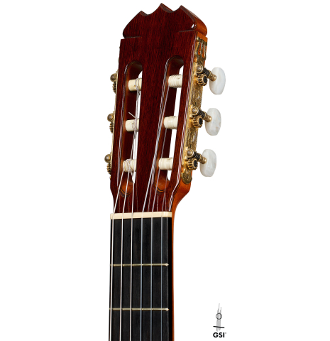 The headstock of a 1977 Jose Ramirez "1a" classical guitar made of cedar and Indian rosewood
