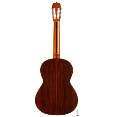 The back of a 1982 Jose Ramirez "1a" classical guitar made of cedar and Indian rosewood