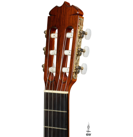 The headstock of a 1982 Jose Ramirez "1a" classical guitar made of cedar and Indian rosewood