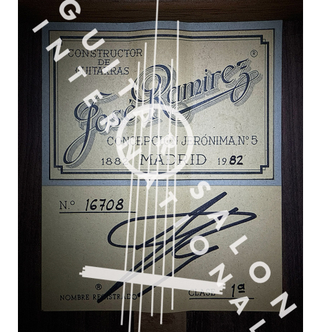 The label of a 1982 Jose Ramirez "1a" classical guitar made of cedar and Indian rosewood