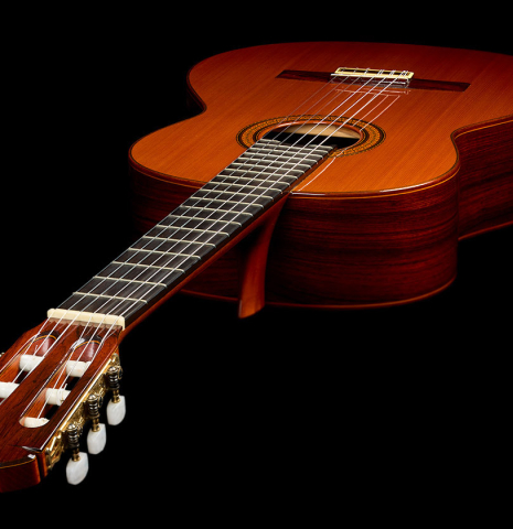 View from the headstock of a 1982 Jose Ramirez "1a" classical guitar made of cedar and Indian rosewood