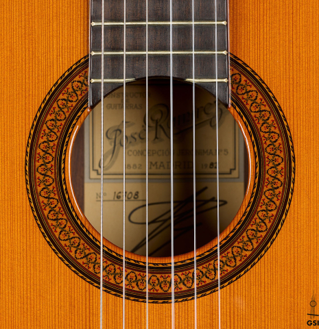 The rosette of a 1982 Jose Ramirez "1a" classical guitar made of cedar and Indian rosewood