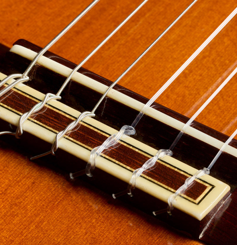 The bridge, tie-block and saddle of a 1968 Jose Ramirez "1a" classical Spanish guitar made with cedar and CSA rosewood.