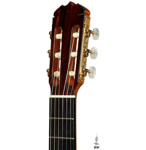 The headstock of a 1968 Jose Ramirez "1a" classical Spanish guitar made with cedar and CSA rosewood.