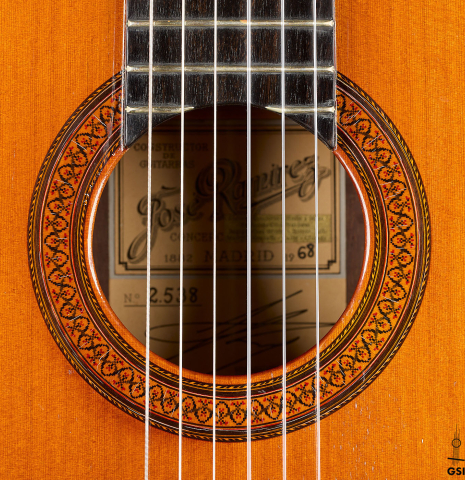 The rosette of a 1968 Jose Ramirez "1a" classical Spanish guitar made with cedar and CSA rosewood.