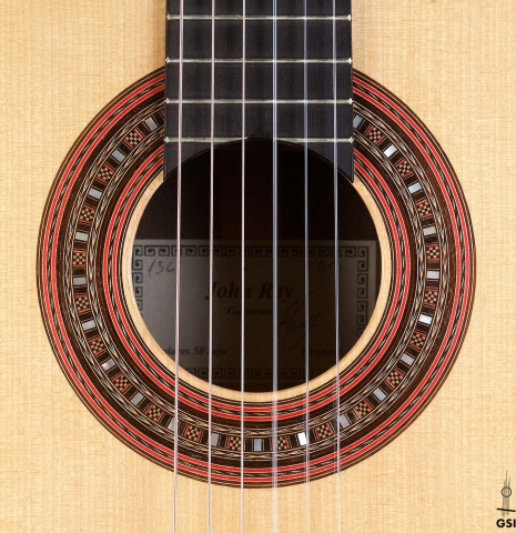 The rosette of a 2010 John Ray "Torres" classical guitar made with spruce and CSA rosewood