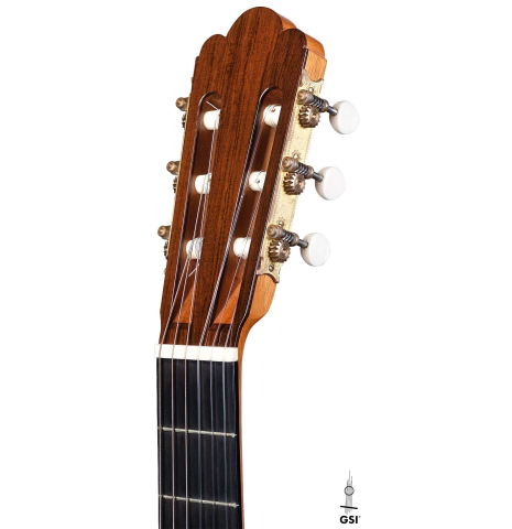 The headstock and machine heads of a 2010 John Ray "Torres" classical guitar made with spruce and CSA rosewood