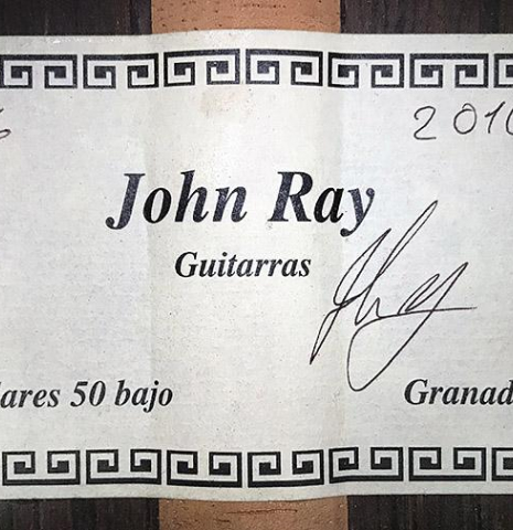 The label of a 2010 John Ray &quot;Torres&quot; classical guitar made with spruce and CSA rosewood