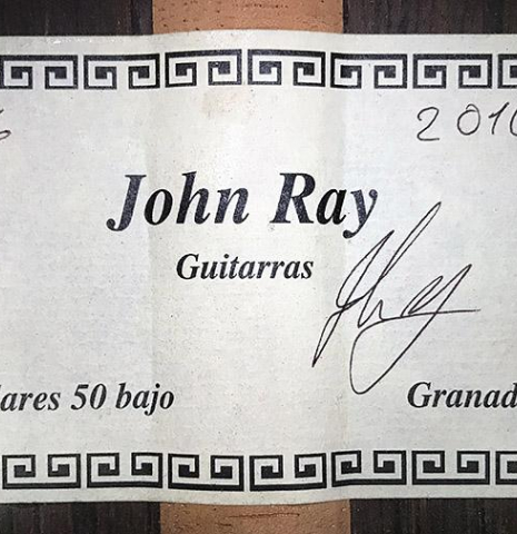 The label of a 2010 John Ray "Torres" classical guitar made with spruce and CSA rosewood