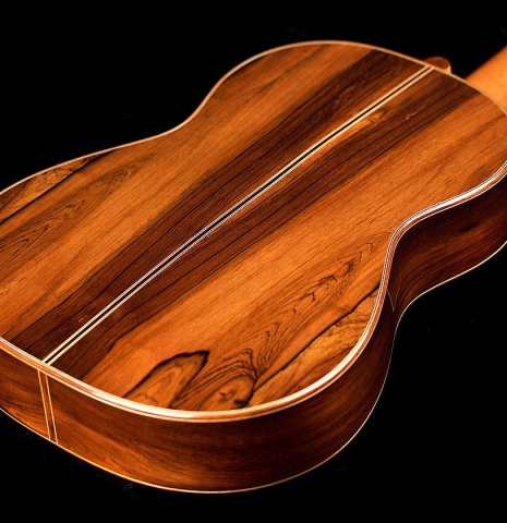 The back and sides of a 2010 John Ray "Torres" classical guitar made with spruce and CSA rosewood