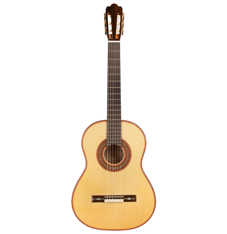 The front of a 2012 John Ray "1892 Torres" classical guitar made of spruce and maple