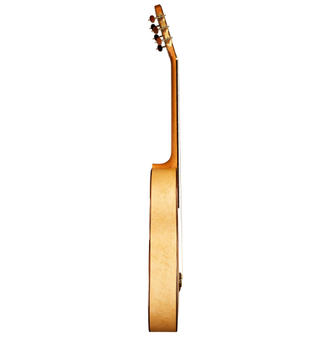 The side of a 2012 John Ray "1892 Torres" classical guitar made of spruce and maple