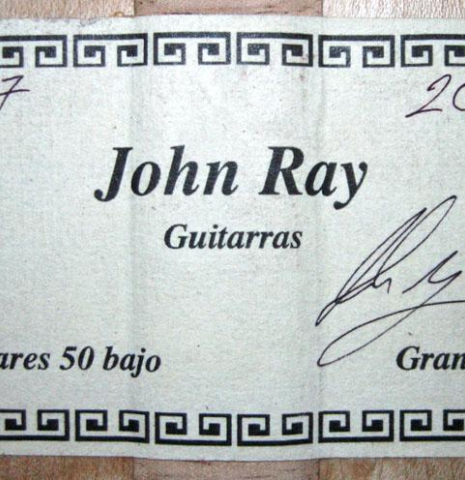 The label of a 2012 John Ray "1892 Torres" classical guitar made of spruce and maple