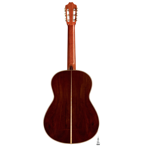 The back of a 2003 Antonio Raya Pardo classical guitar made of spruce and CSA rosewood