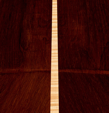 A close-up of the back of a 2003 Antonio Raya Pardo classical guitar made of spruce and CSA rosewood