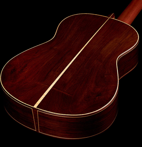 The back of a 2003 Antonio Raya Pardo classical guitar made of spruce and CSA rosewood
