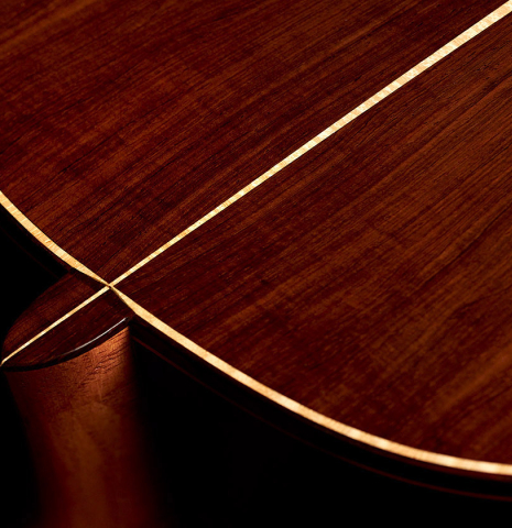 The back and heel of a 2003 Antonio Raya Pardo classical guitar made of spruce and CSA rosewood
