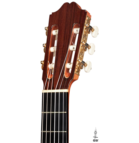 The headstock and machine heads of a 2003 Antonio Raya Pardo classical guitar made of spruce and CSA rosewood