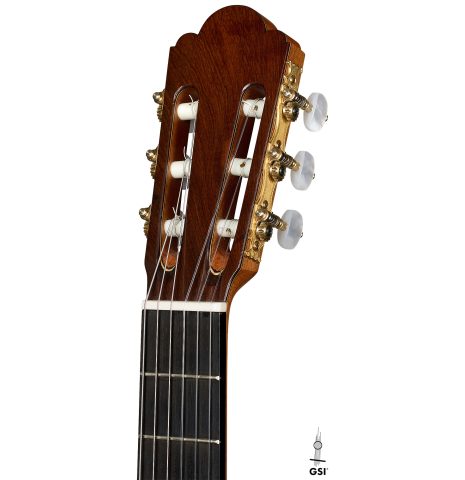 The headstock of a 2017 Antonio Raya Pardo "Especial Torres" classical guitar made of spruce and CSA rosewood
