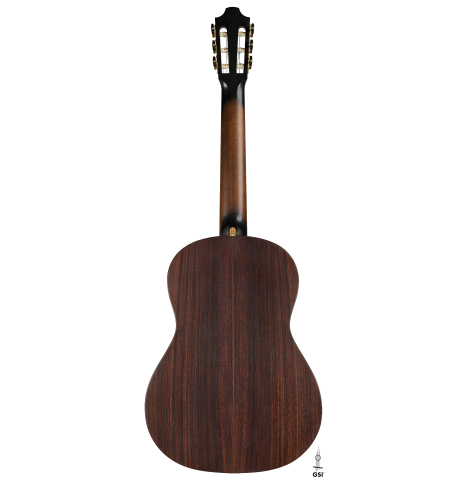 The back of a 2026 Richard Reynoso classical guitar made of spruce and Indian rosewood