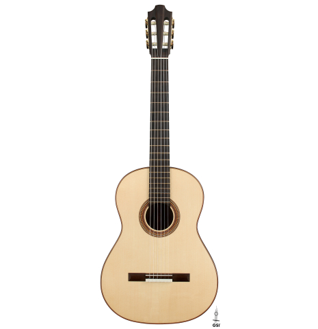 The front of a 2026 Richard Reynoso classical guitar made of spruce and Indian rosewood