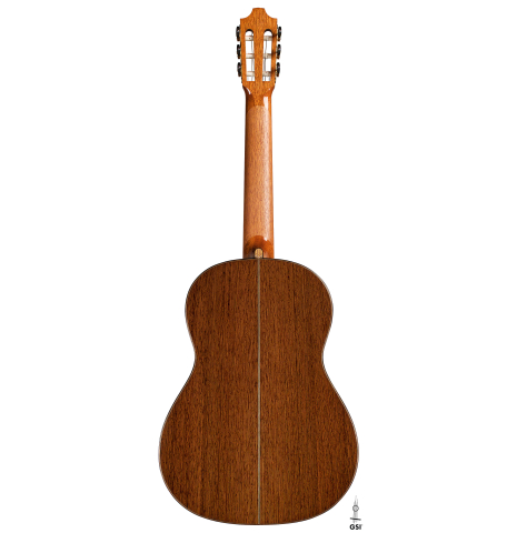 The back of a 2022 Richard Reynoso classical guitar made of spruce and wenge