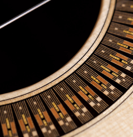Neo art-deco rosette of a 2022 Richard Reynoso classical guitar made of spruce and wenge