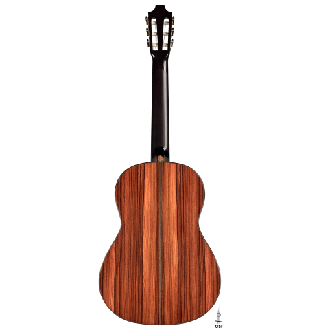 The back of a 2022 Richard Reynoso classical guitar made of spruce and pau ferro