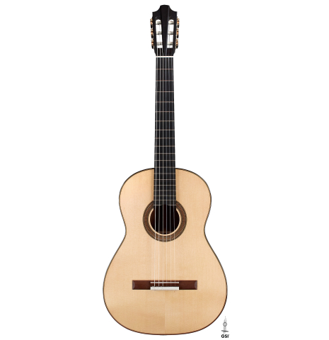 The front of a 2022 Richard Reynoso classical guitar made of spruce and pau ferro