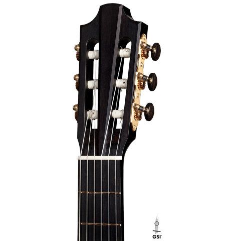 The headstock of a 2022 Richard Reynoso classical guitar made of spruce and pau ferro