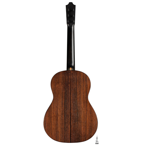 The back of a 2024 Richard Reynoso w/pegs classical guitar made of spruce and Indian rosewood