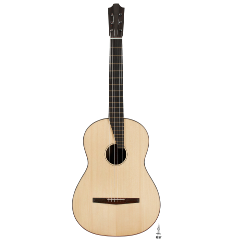 The front of a 2024 Richard Reynoso w/pegs classical guitar made of spruce and Indian rosewood