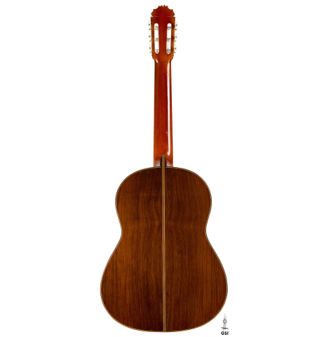 The back of a 1996 Manuel Reyes classical guitar made of cedar and CSA rosewood