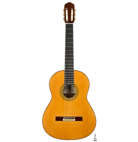 The front of a 1996 Manuel Reyes classical guitar made of cedar and CSA rosewood