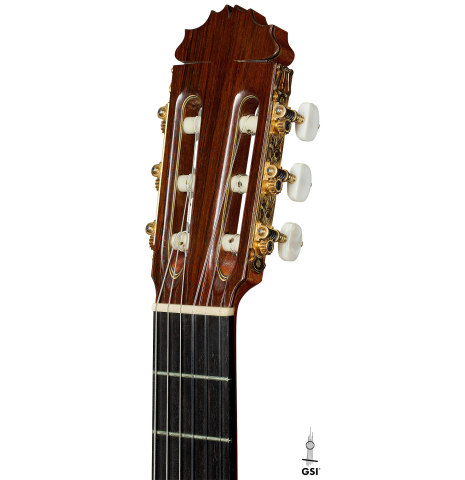 The headstock of a 1996 Manuel Reyes classical guitar made of cedar and CSA rosewood