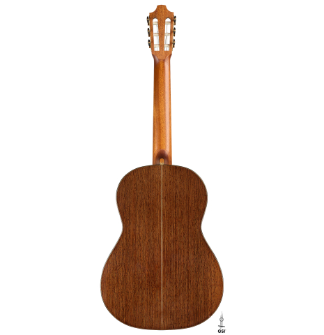 The back of a 2023 Richard Reynoso classical guitar made of cedar and wenge