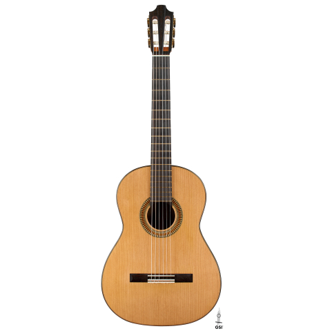 The front of a 2023 Richard Reynoso classical guitar made of cedar and wenge
